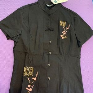 Lady's Chinese Shirt Embroidery Top Mandarin Collar Cotton Blend Frog Button Tee